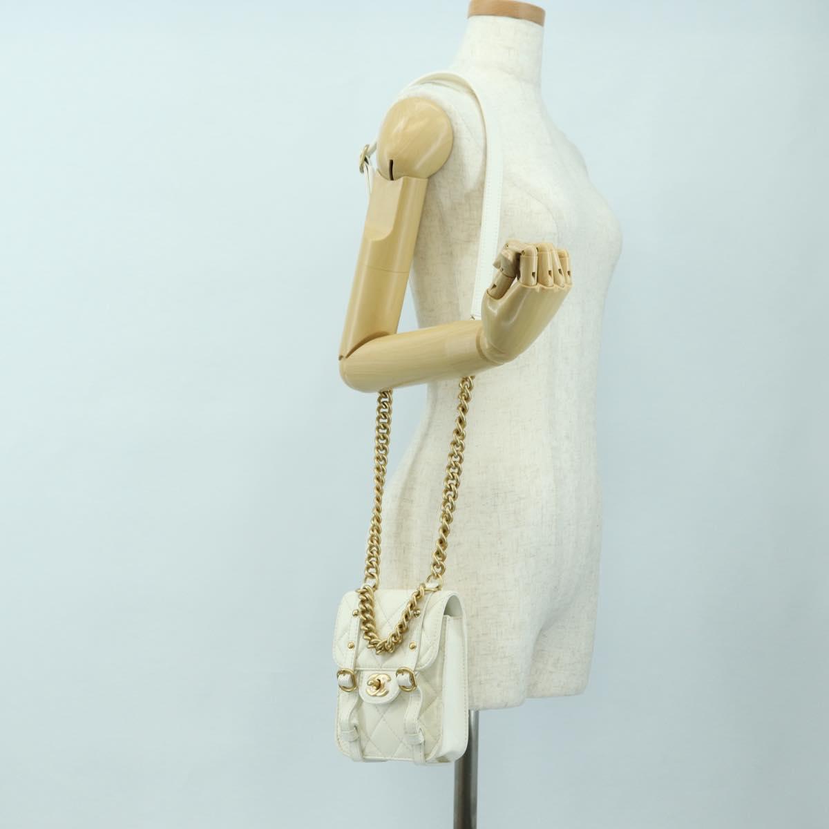 CHANEL Matelasse Chain Shoulder Bag Leather 2way White Gold CC Auth 179581SAM