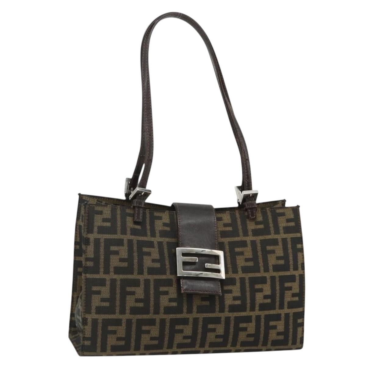 FENDI Zucca Canvas Mamma Baguette Tote Bag Brown Black Auth 179585