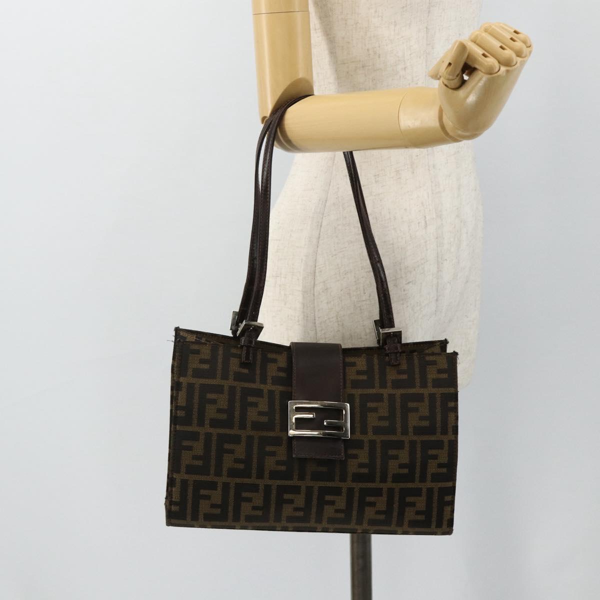 FENDI Zucca Canvas Mamma Baguette Tote Bag Brown Black Auth 179585
