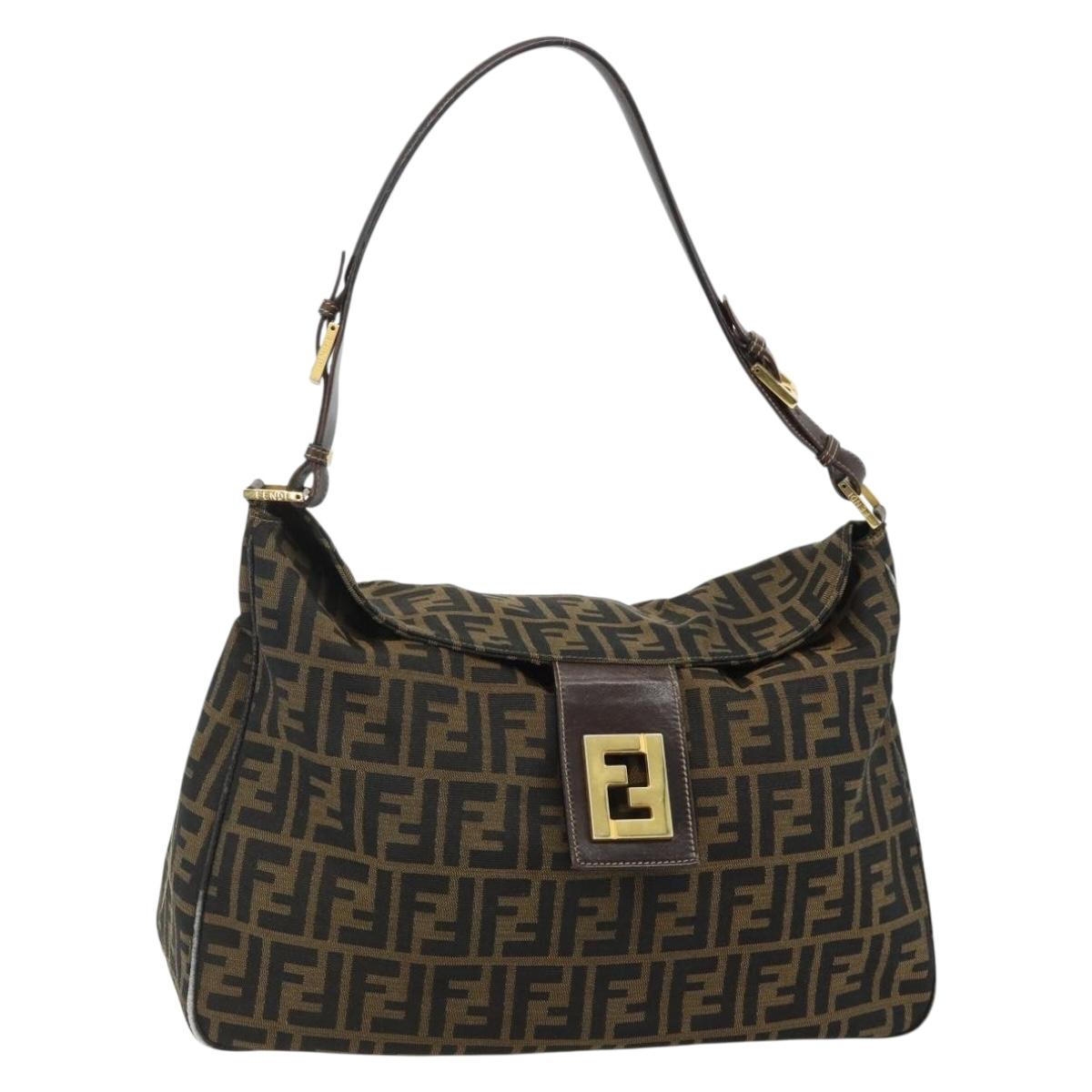 FENDI Zucca Canvas Shoulder Bag Brown Black Auth 179599