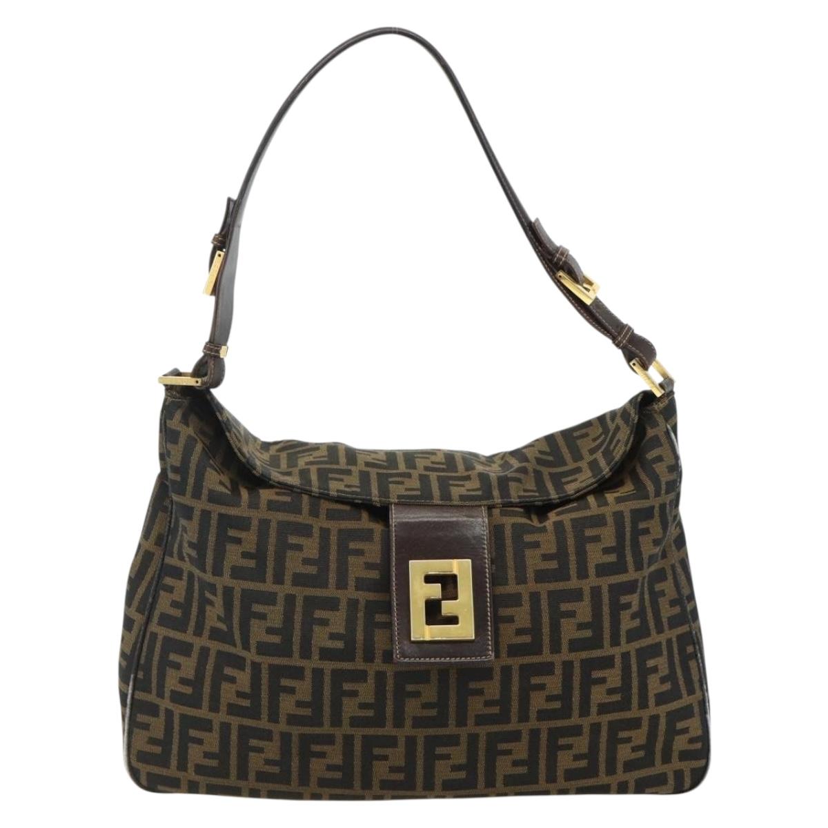FENDI Zucca Canvas Shoulder Bag Brown Black Auth 179599