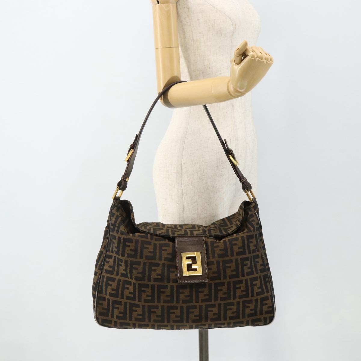 FENDI Zucca Canvas Shoulder Bag Brown Black Auth 179599
