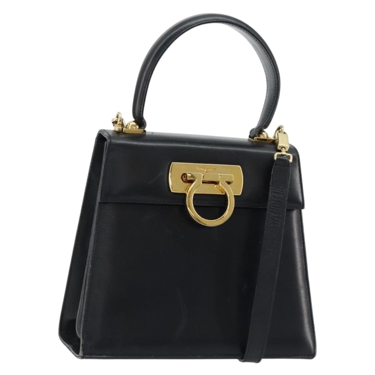 Salvatore Ferragamo Gancini Hand Bag Leather 2way Black Gold Auth 179604