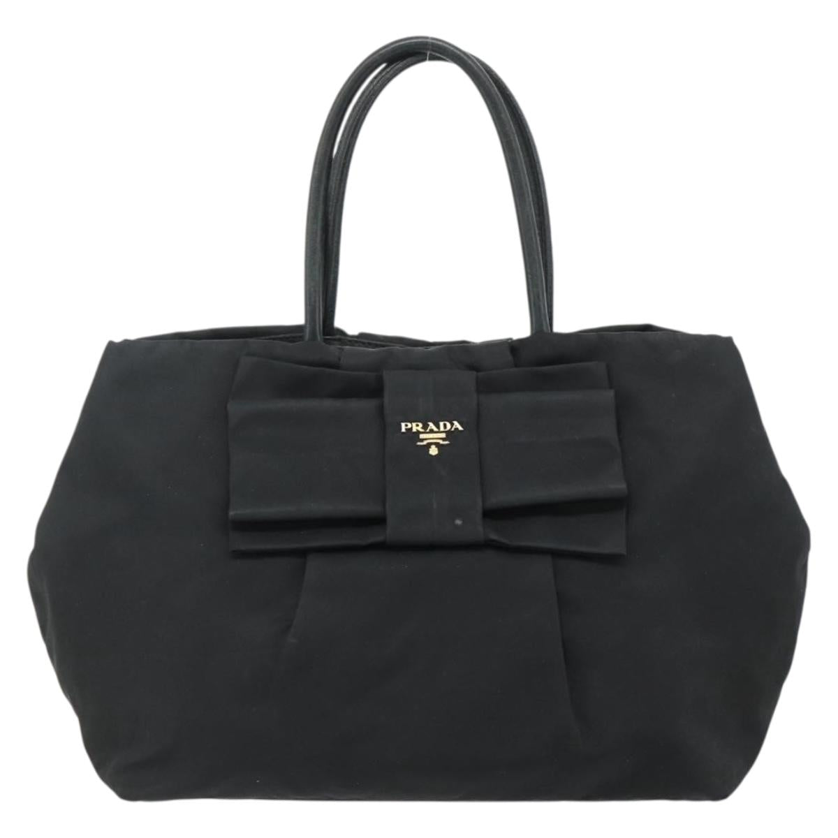 PRADA Ribbon Hand Bag Nylon Black Gold Auth 179608