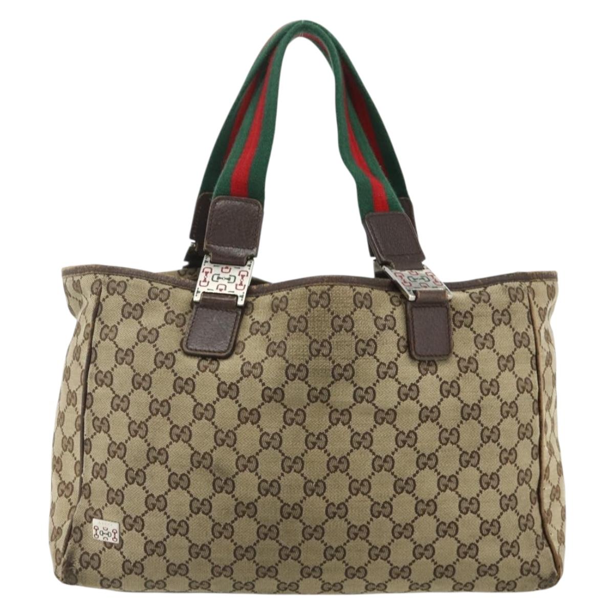 GUCCI GG Canvas Web Sherry Line Hand Bag Beige Silver 145758 Auth 179610