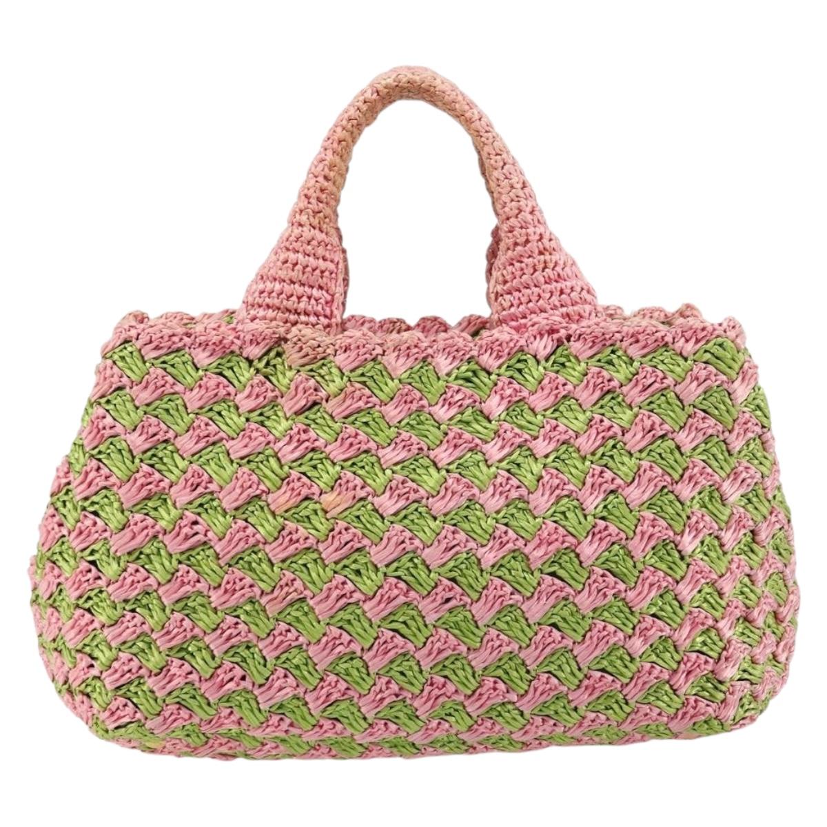 PRADA Canapa M Hand Bag Raffia Pink Gold Auth 179617A