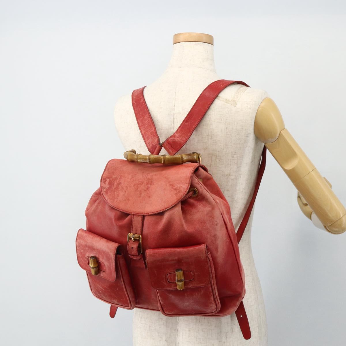 GUCCI Bamboo Backpack Leather Red Gold 000 2023 0016 Auth 179624