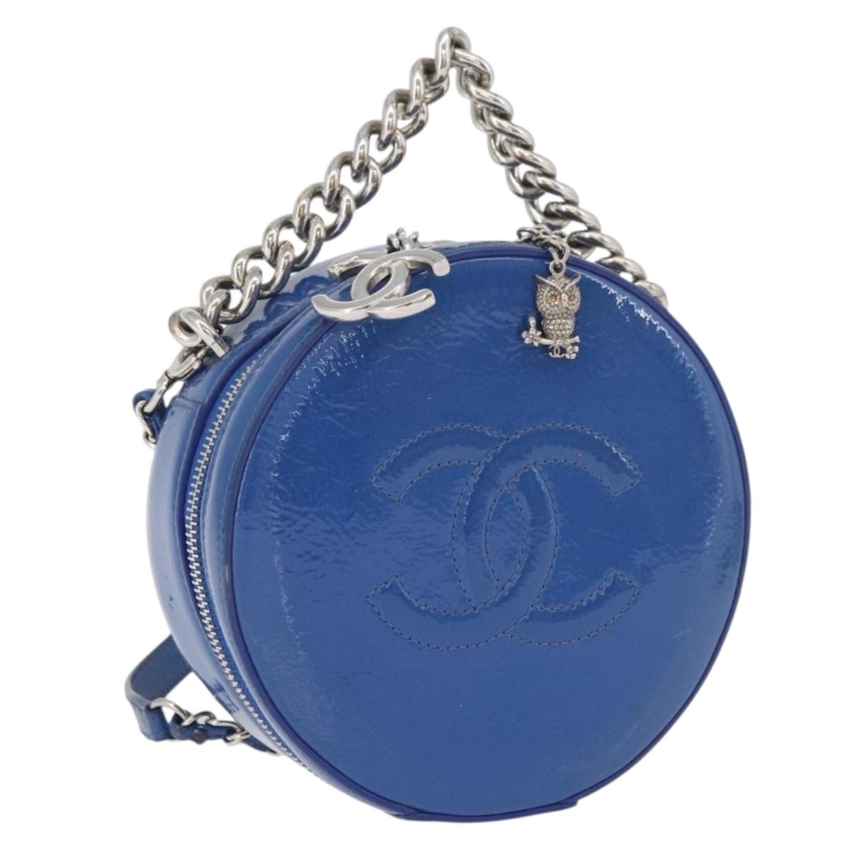 CHANEL Matelasse Chain Shoulder Bag Patent leather Blue Silver CC Auth 179626SAM