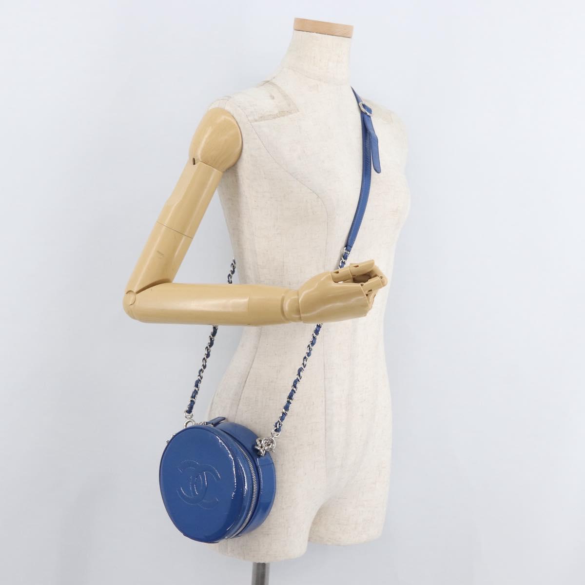 CHANEL Matelasse Chain Shoulder Bag Patent leather Blue Silver CC Auth 179626SAM
