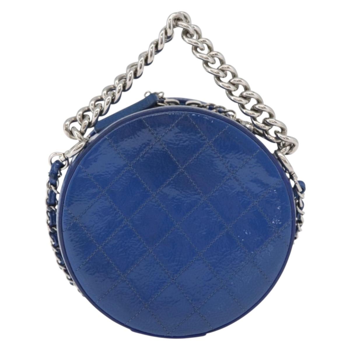 CHANEL Matelasse Chain Shoulder Bag Patent leather Blue Silver CC Auth 179626SAM