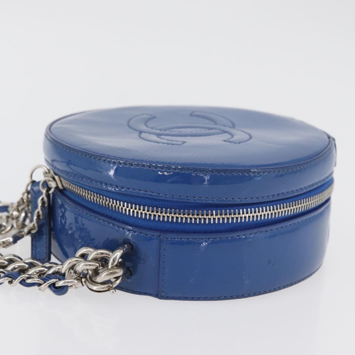 CHANEL Matelasse Chain Shoulder Bag Patent leather Blue Silver CC Auth 179626SAM