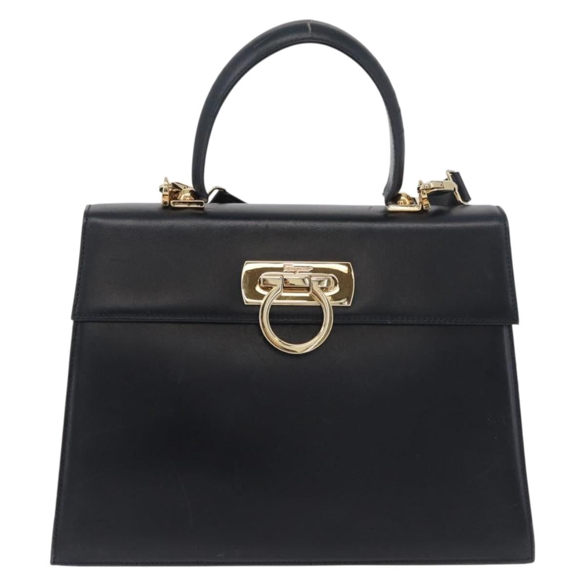 Salvatore Ferragamo Gancini Hand Bag Leather 2way Navy Gold Auth 179637