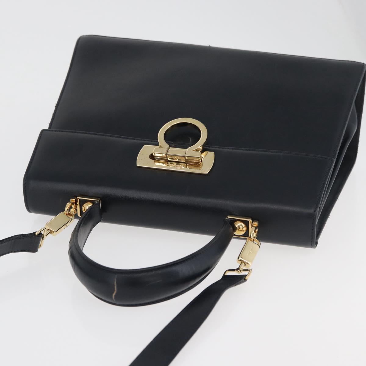Salvatore Ferragamo Gancini Hand Bag Leather 2way Navy Gold Auth 179637