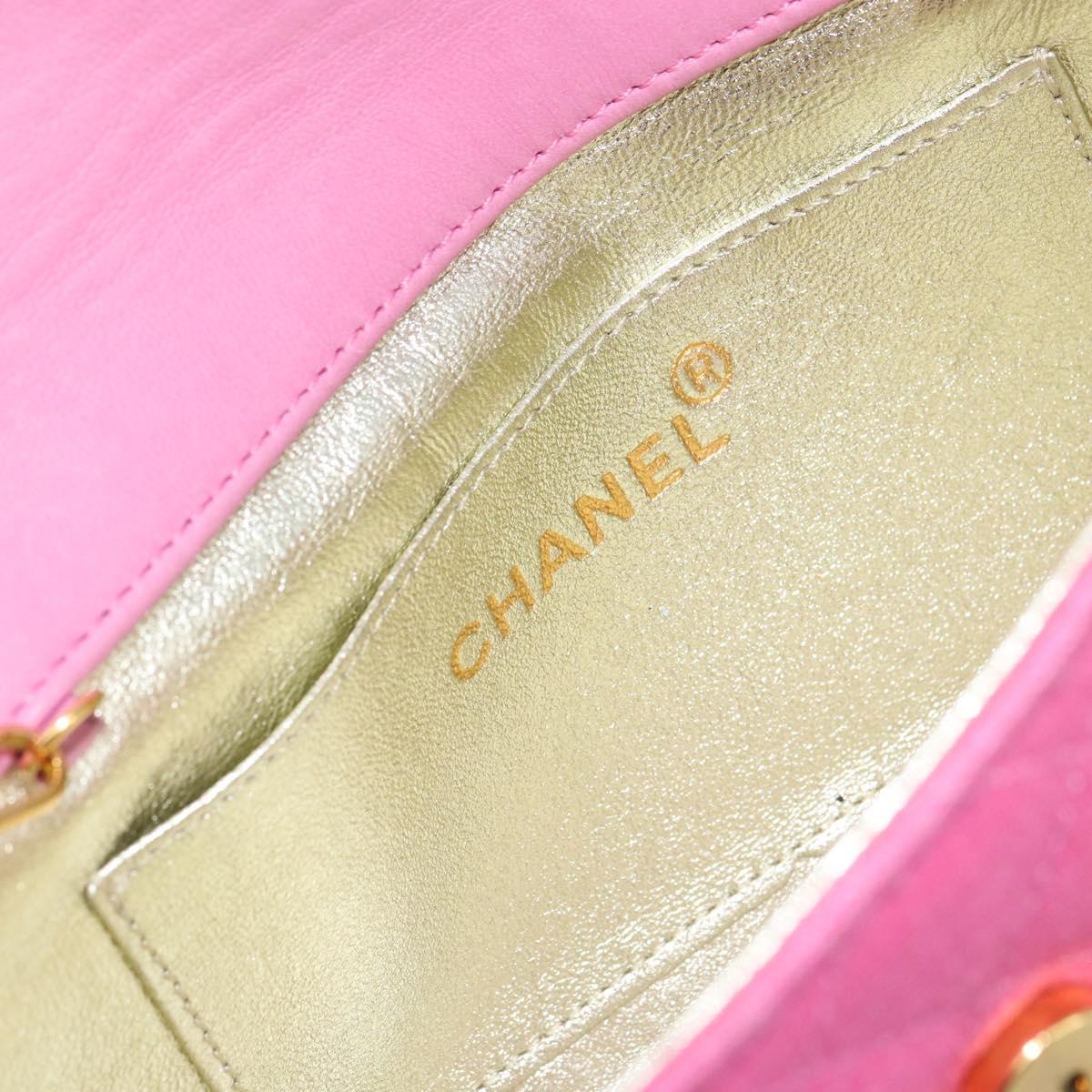 CHANEL Matelasse Chain Shoulder Bag Satin Gold Pink CC Auth 179642A