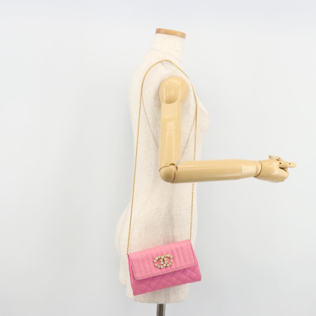 CHANEL Matelasse Chain Shoulder Bag Satin Gold Pink CC Auth 179642A