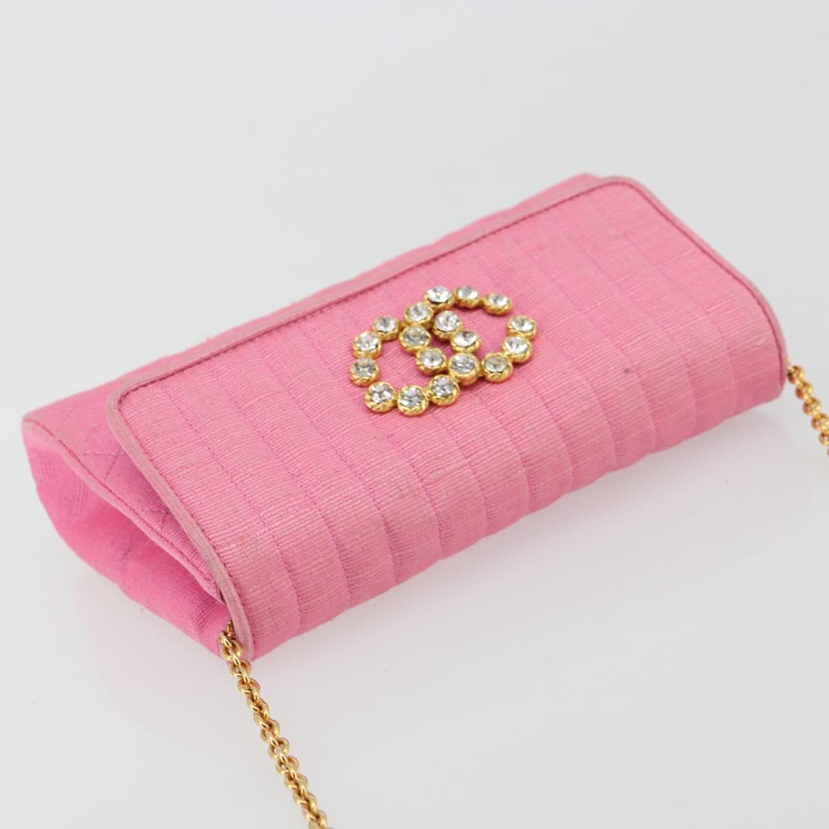 CHANEL Matelasse Chain Shoulder Bag Satin Gold Pink CC Auth 179642A