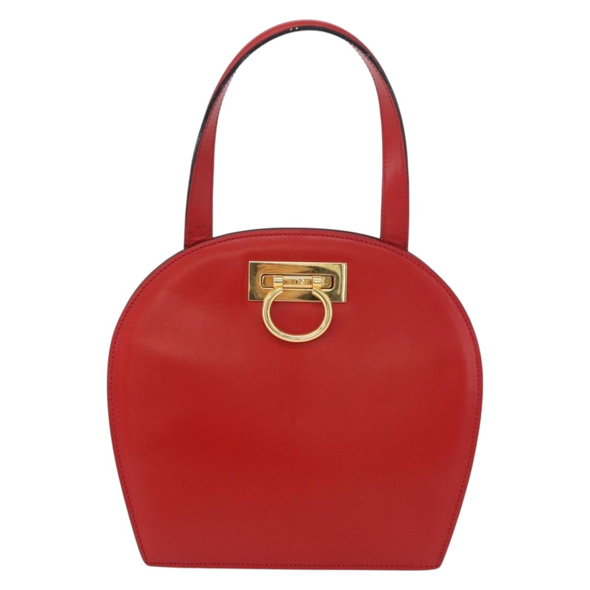 CELINE Circle Hand Bag Leather Red Gold Auth 179697V