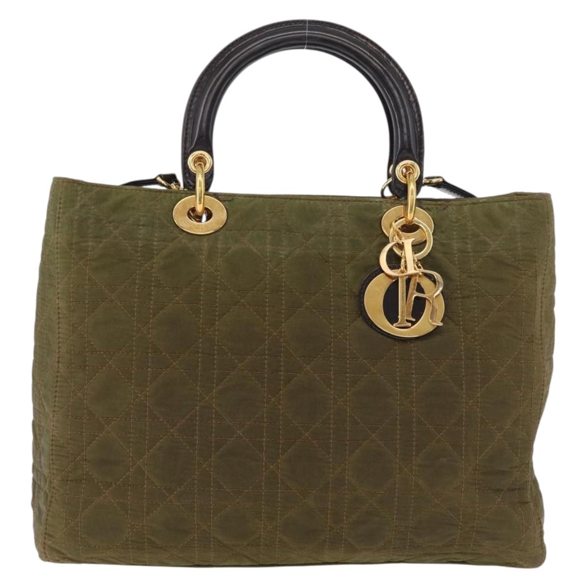 Christian Dior Canage Lady Dior Hand Bag Nylon 2way Khaki Gold Auth 179698