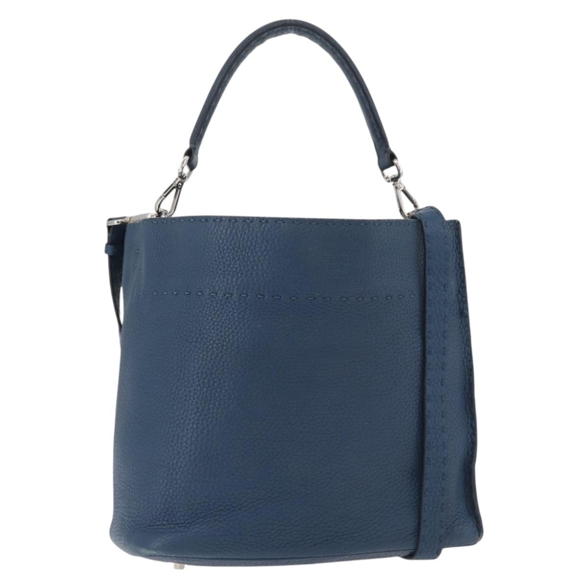 FENDI Celeria Anna Shoulder Bag Leather 2way Navy Silver Auth 179700A