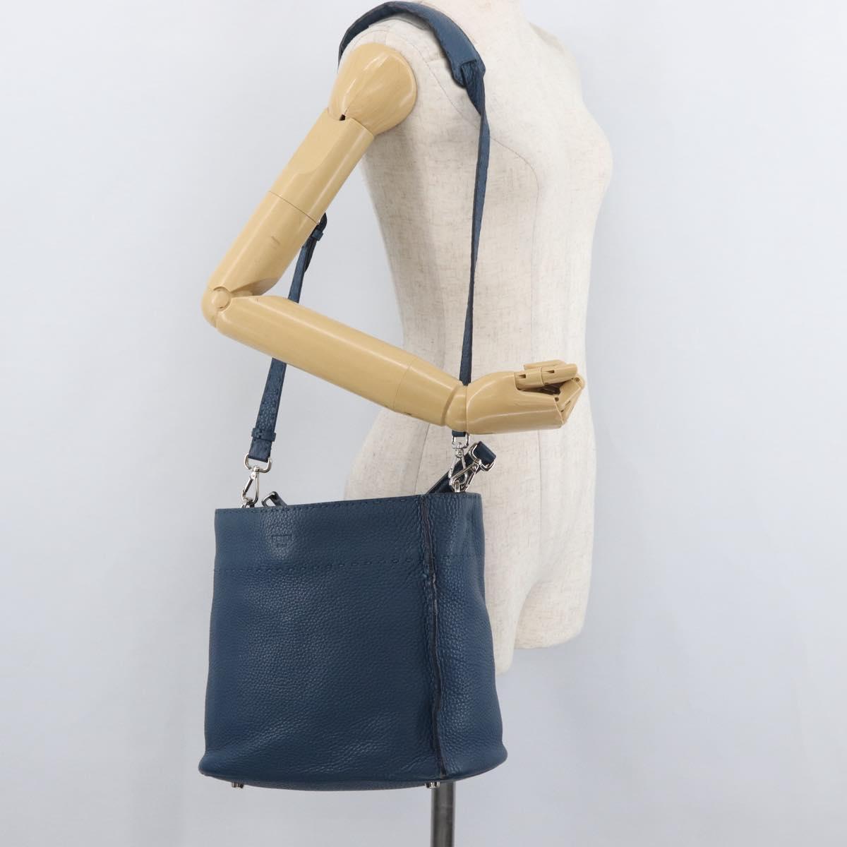 FENDI Celeria Anna Shoulder Bag Leather 2way Navy Silver Auth 179700A