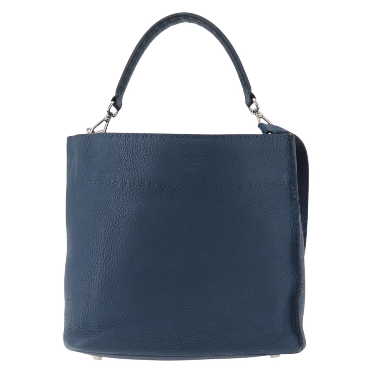 FENDI Celeria Anna Shoulder Bag Leather 2way Navy Silver Auth 179700A