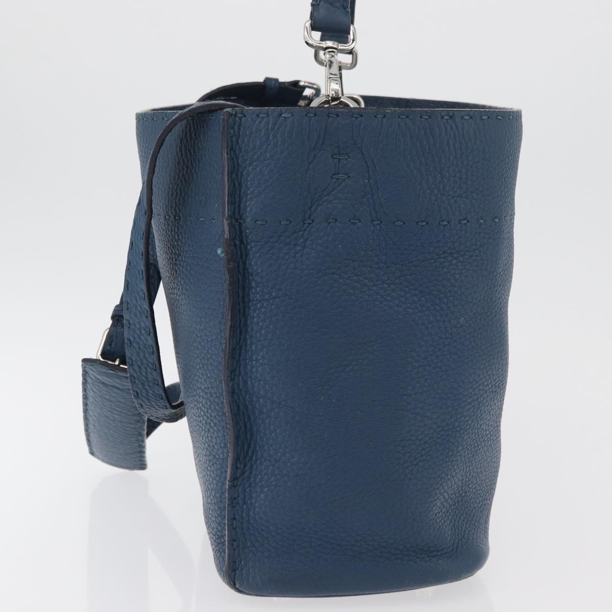 FENDI Celeria Anna Shoulder Bag Leather 2way Navy Silver Auth 179700A