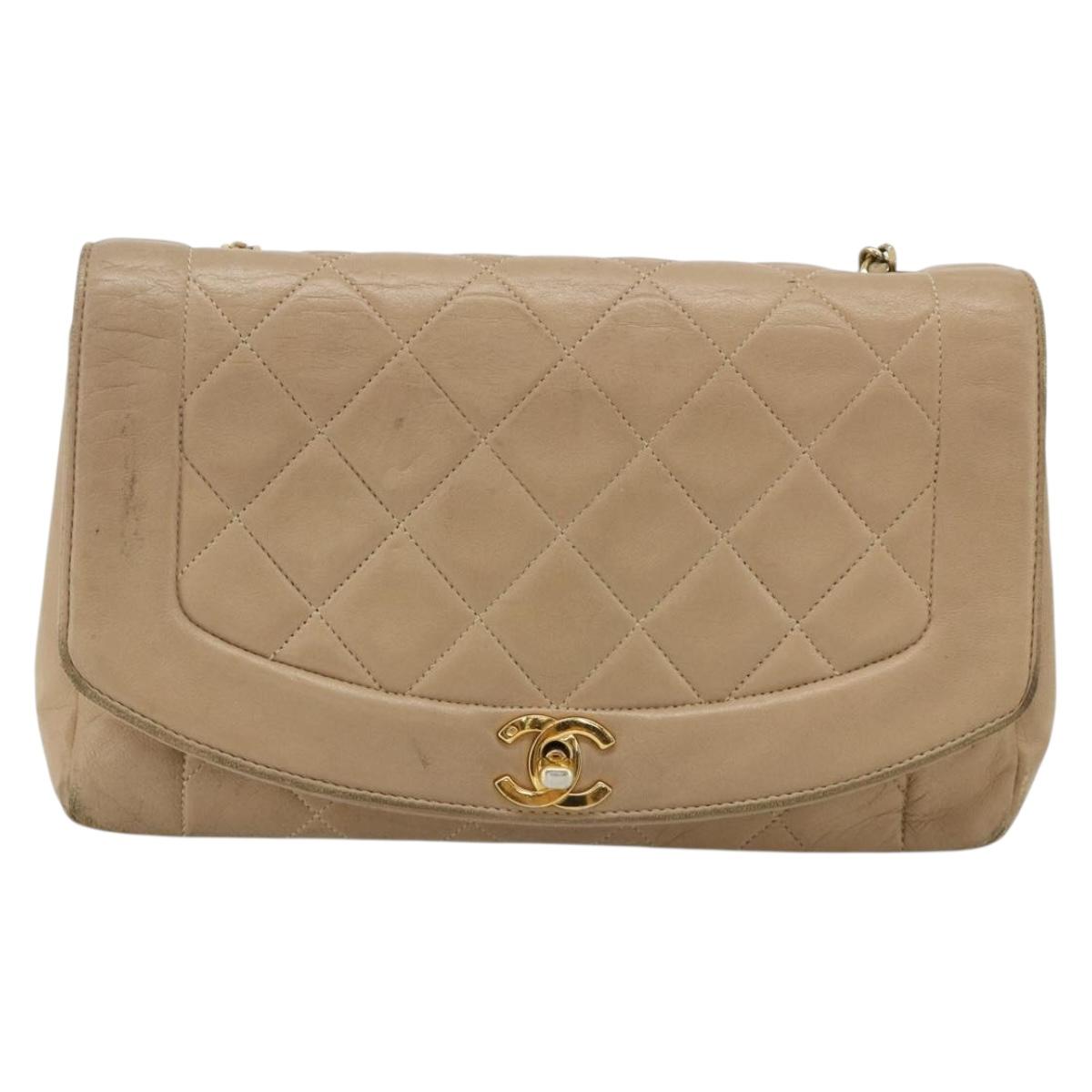CHANEL Matelasse Chain Shoulder Bag Lamb Skin Beige Gold CC Auth 179717A