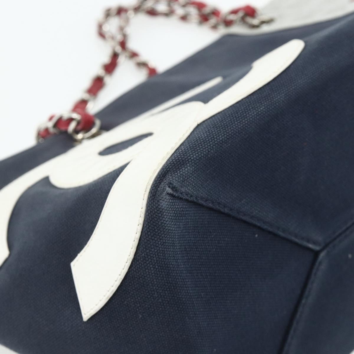 CHANEL Choco Bar Chain Shoulder Tote Bag Canvas Navy Silver CC Auth 179720