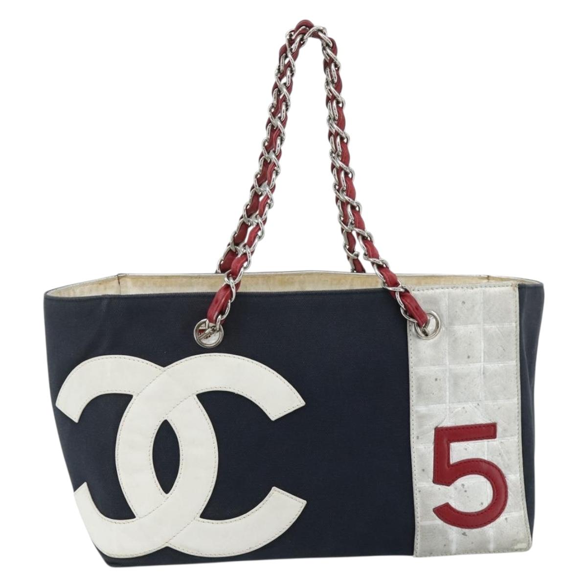 CHANEL Choco Bar Chain Shoulder Tote Bag Canvas Navy Silver CC Auth 179720