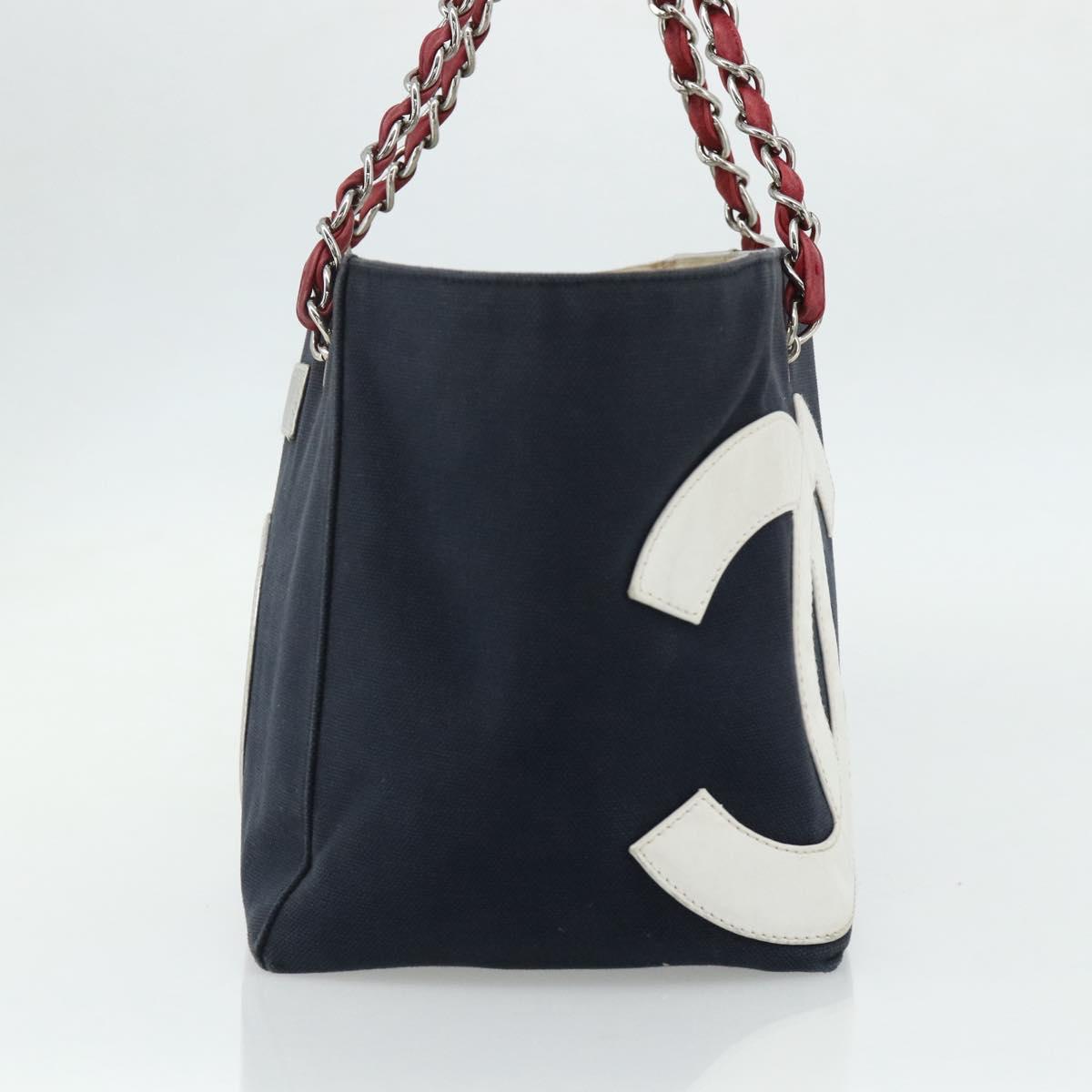 CHANEL Choco Bar Chain Shoulder Tote Bag Canvas Navy Silver CC Auth 179720