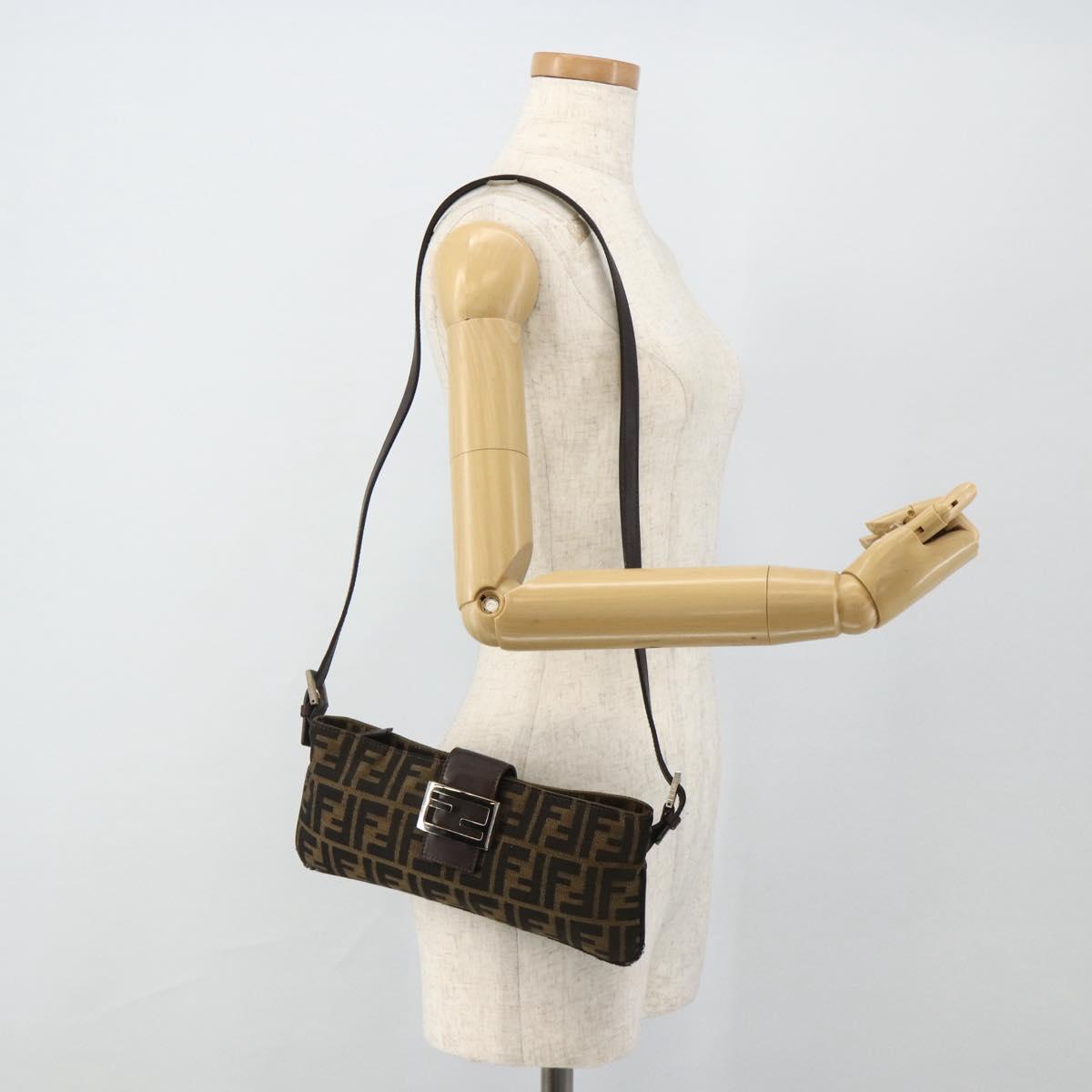 FENDI Zucca Canvas Mamma Baguette Shoulder Bag Black Brown Auth 179729