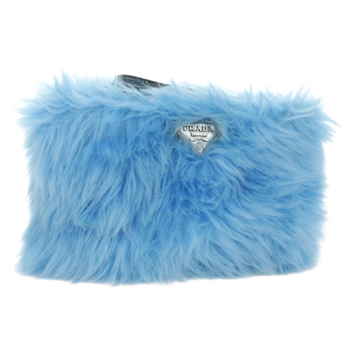 PRADA Clutch Bag Fur Silver Light Blue Auth 179733SM