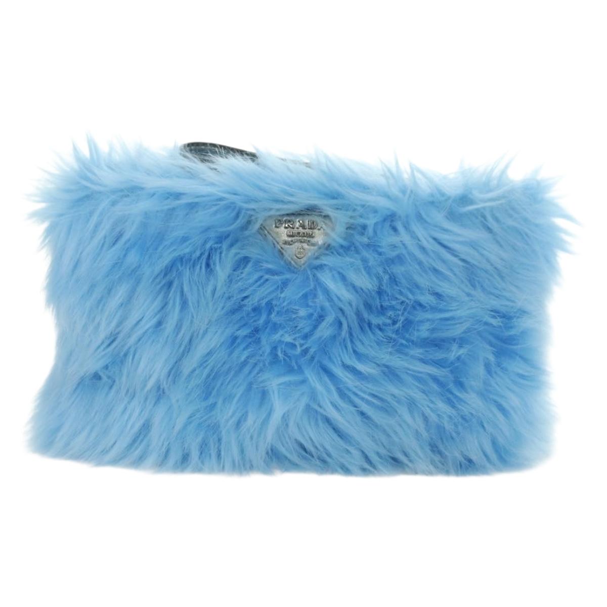 PRADA Clutch Bag Fur Silver Light Blue Auth 179733SM