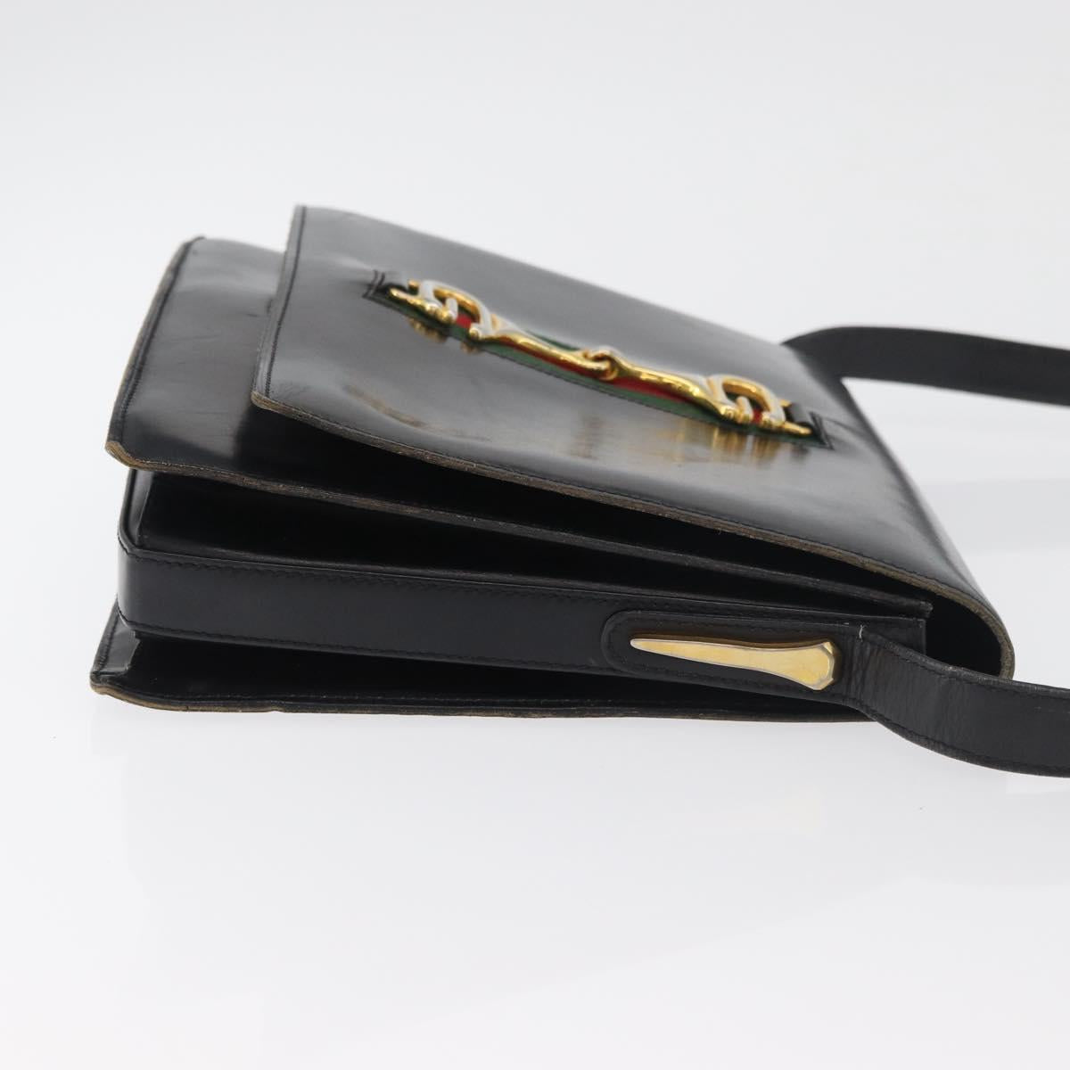 GUCCI Horsebit Web Sherry Line Shoulder Bag Leather Black Gold Auth 179764