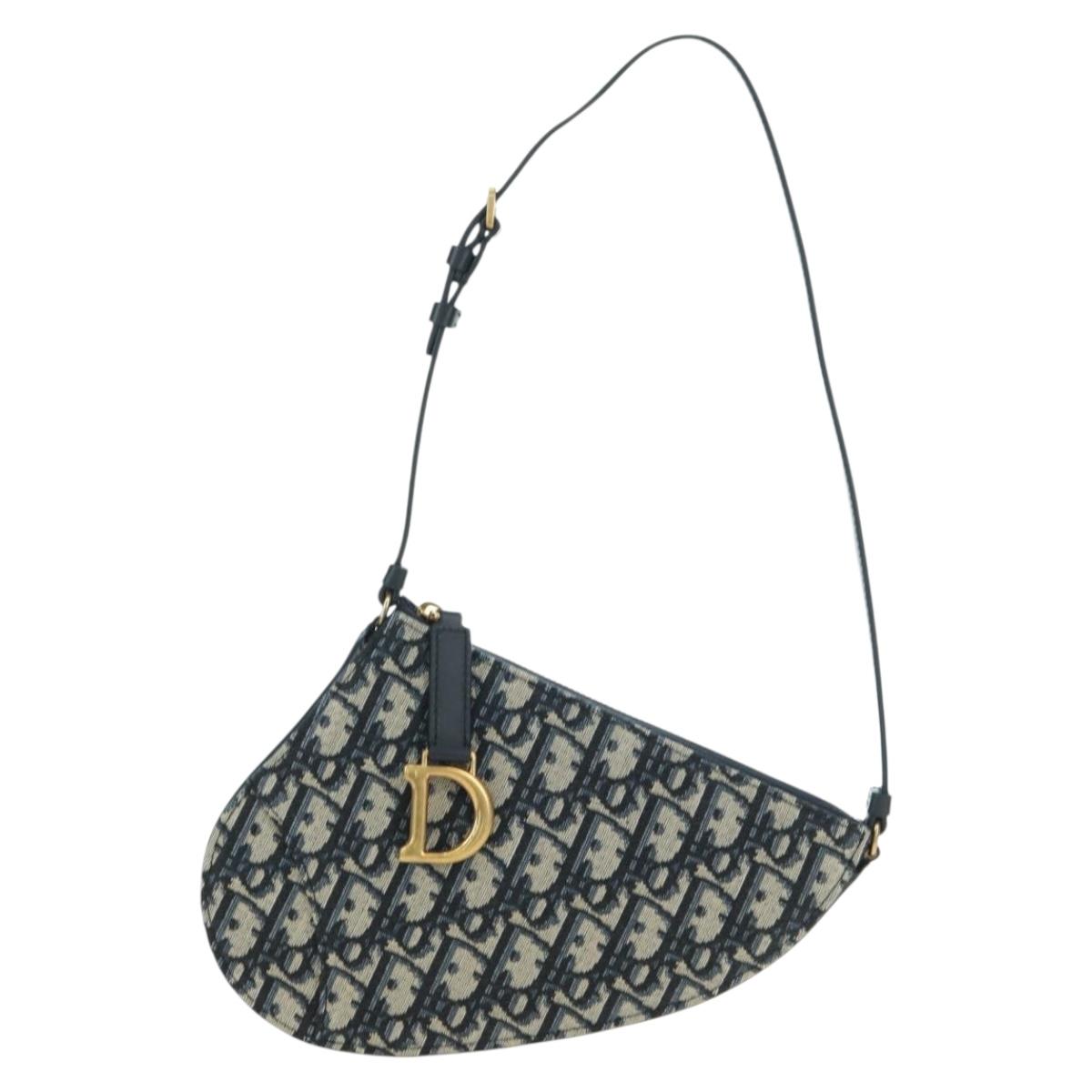 Christian Dior Trotter Canvas Saddle Shoulder Bag Navy Gold Auth 179798SAV