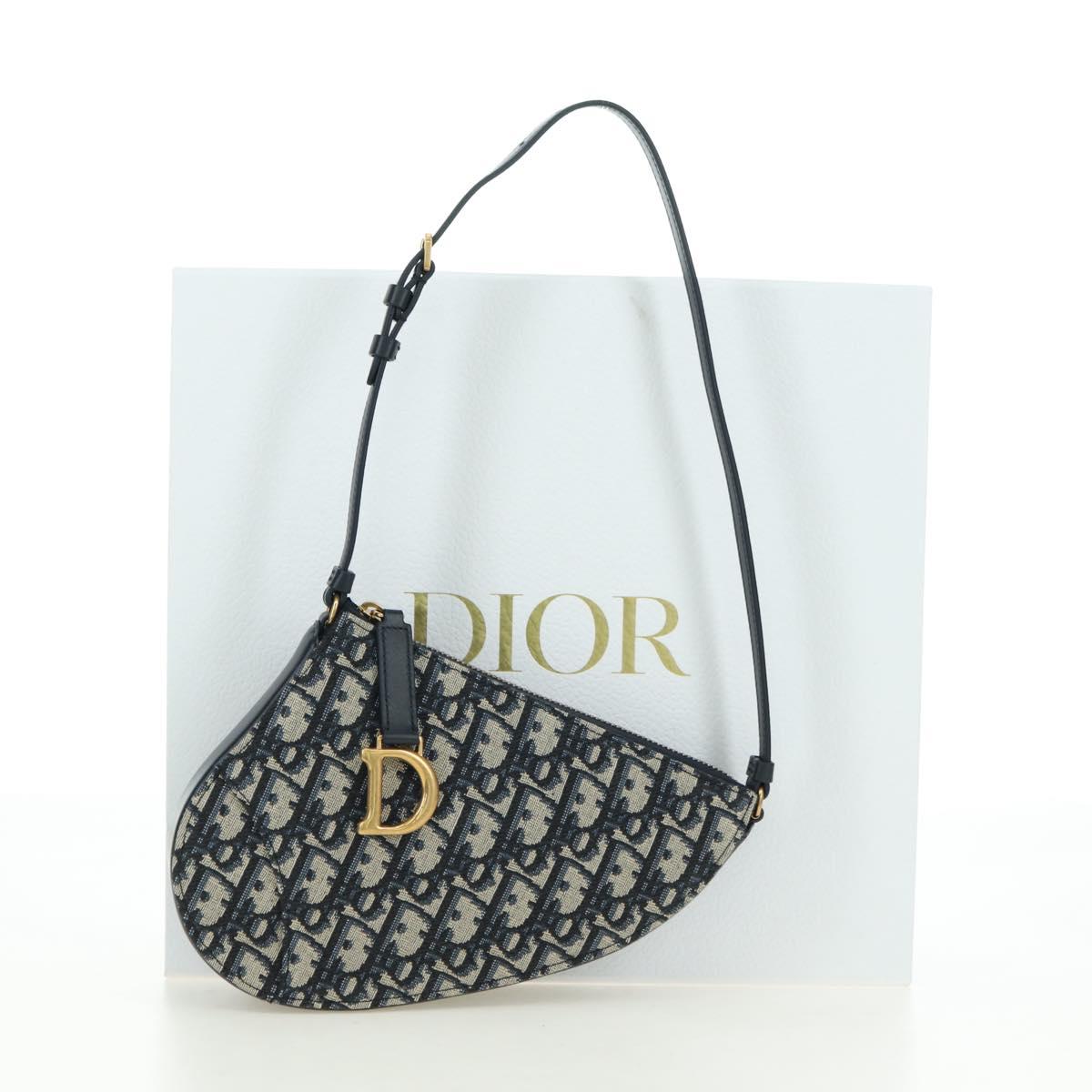 Christian Dior Trotter Canvas Saddle Shoulder Bag Navy Gold Auth 179798SAV