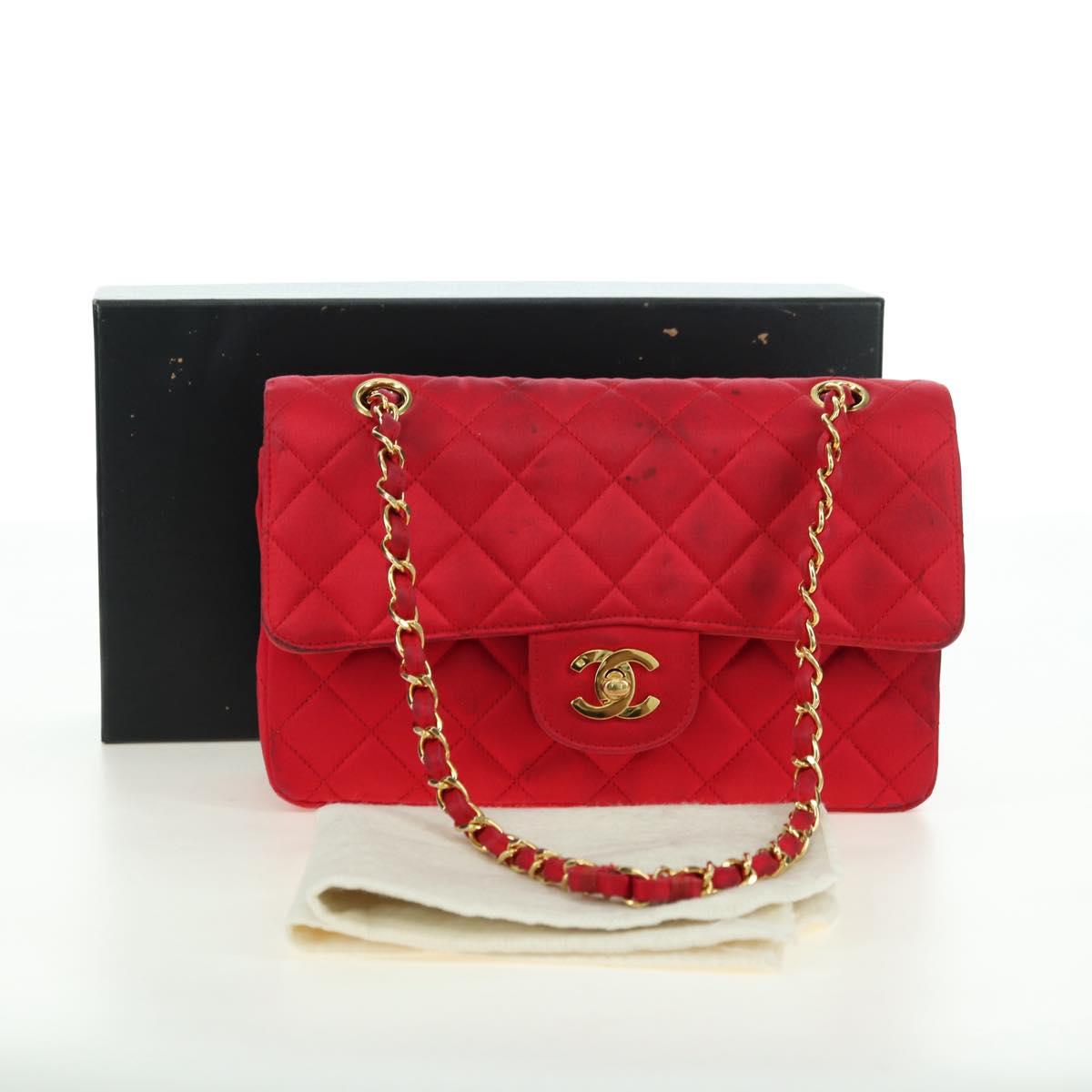 CHANEL Matelasse 23 Chain Shoulder Bag Satin Gold Red CC Auth 179801V