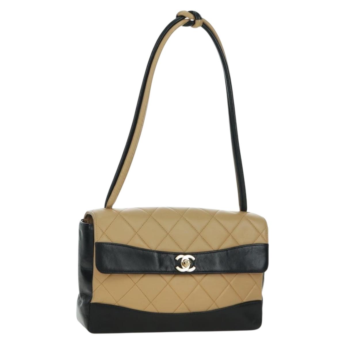 CHANEL Matelasse Shoulder Bag Lamb Skin Beige Gold CC Auth 179802V