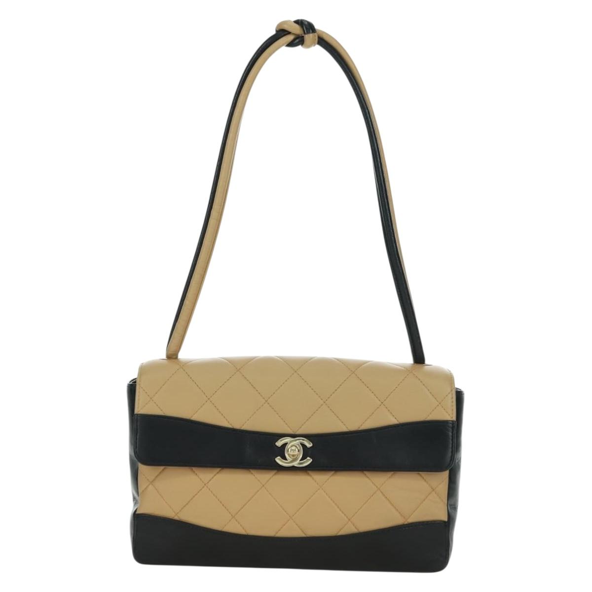 CHANEL Matelasse Shoulder Bag Lamb Skin Beige Gold CC Auth 179802V