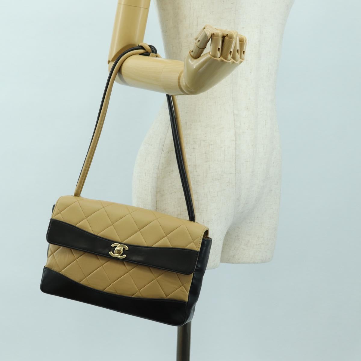 CHANEL Matelasse Shoulder Bag Lamb Skin Beige Gold CC Auth 179802V