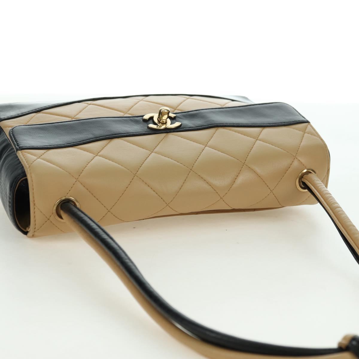 CHANEL Matelasse Shoulder Bag Lamb Skin Beige Gold CC Auth 179802V