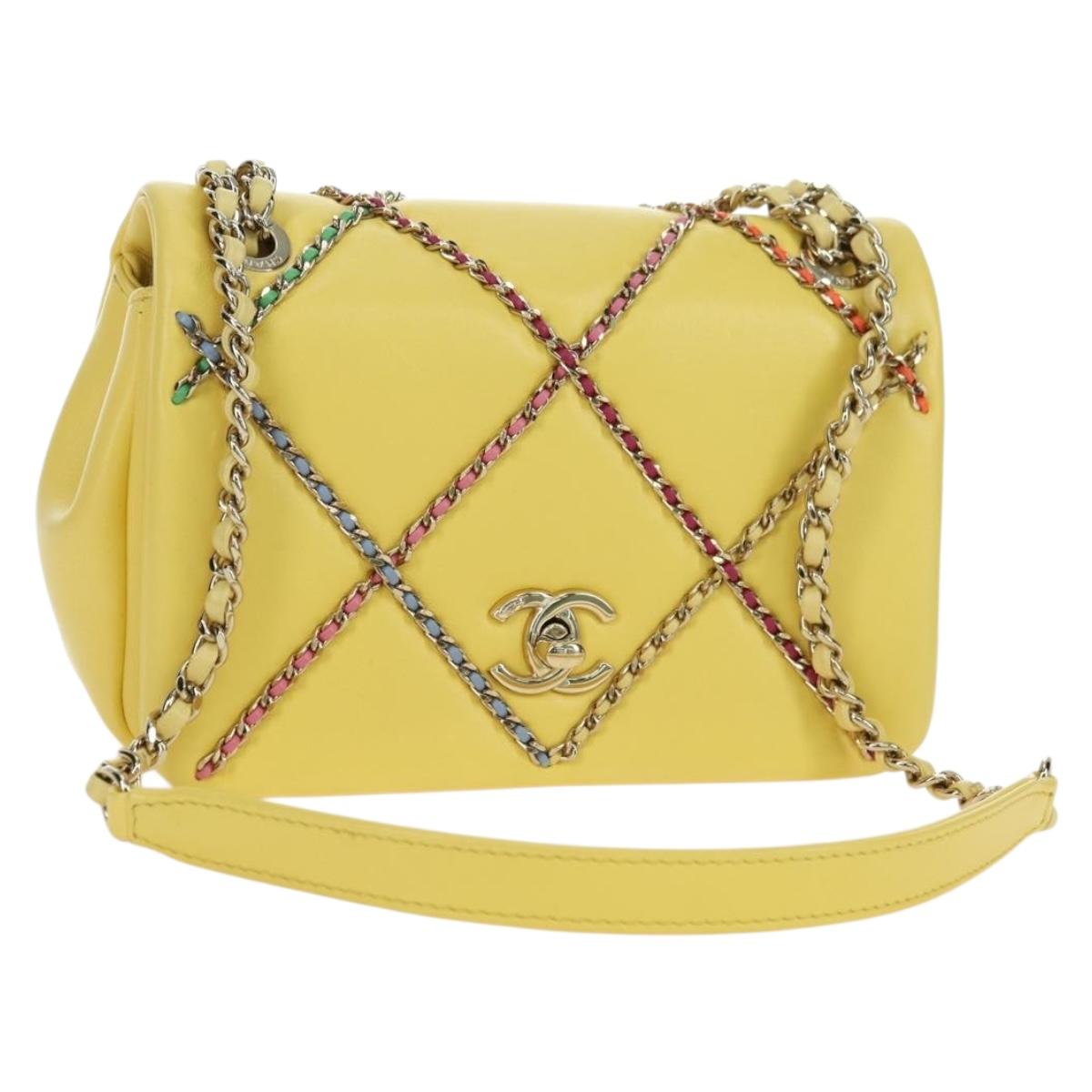 CHANEL Matelasse Chain Shoulder Bag Lamb Skin Yellow Gold CC Auth 179803SAV