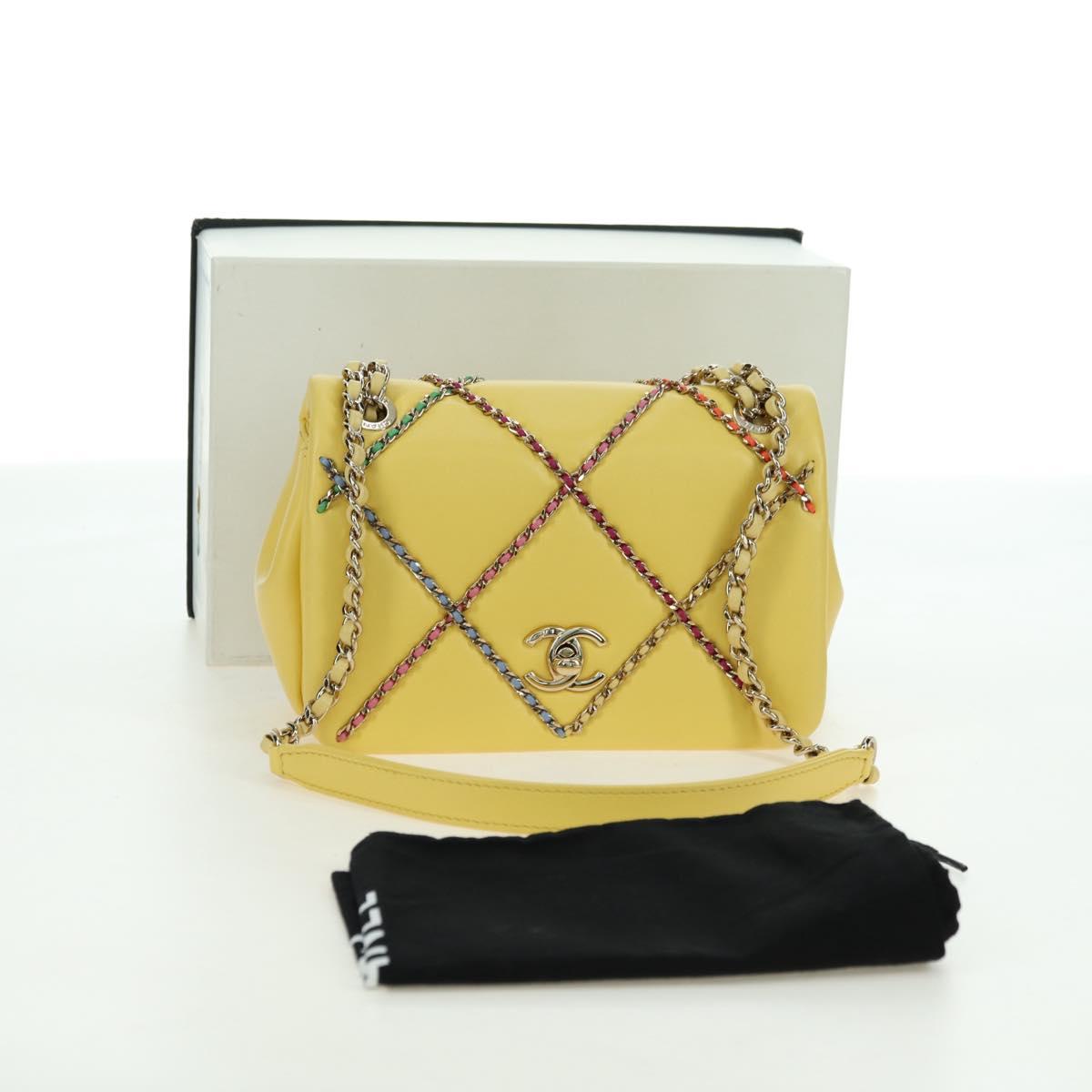 CHANEL Matelasse Chain Shoulder Bag Lamb Skin Yellow Gold CC Auth 179803SAV