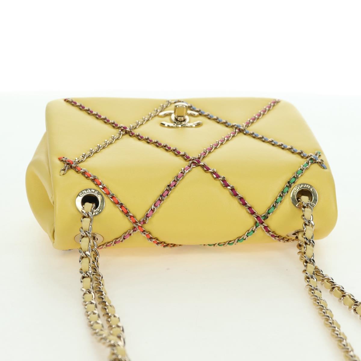 CHANEL Matelasse Chain Shoulder Bag Lamb Skin Yellow Gold CC Auth 179803SAV