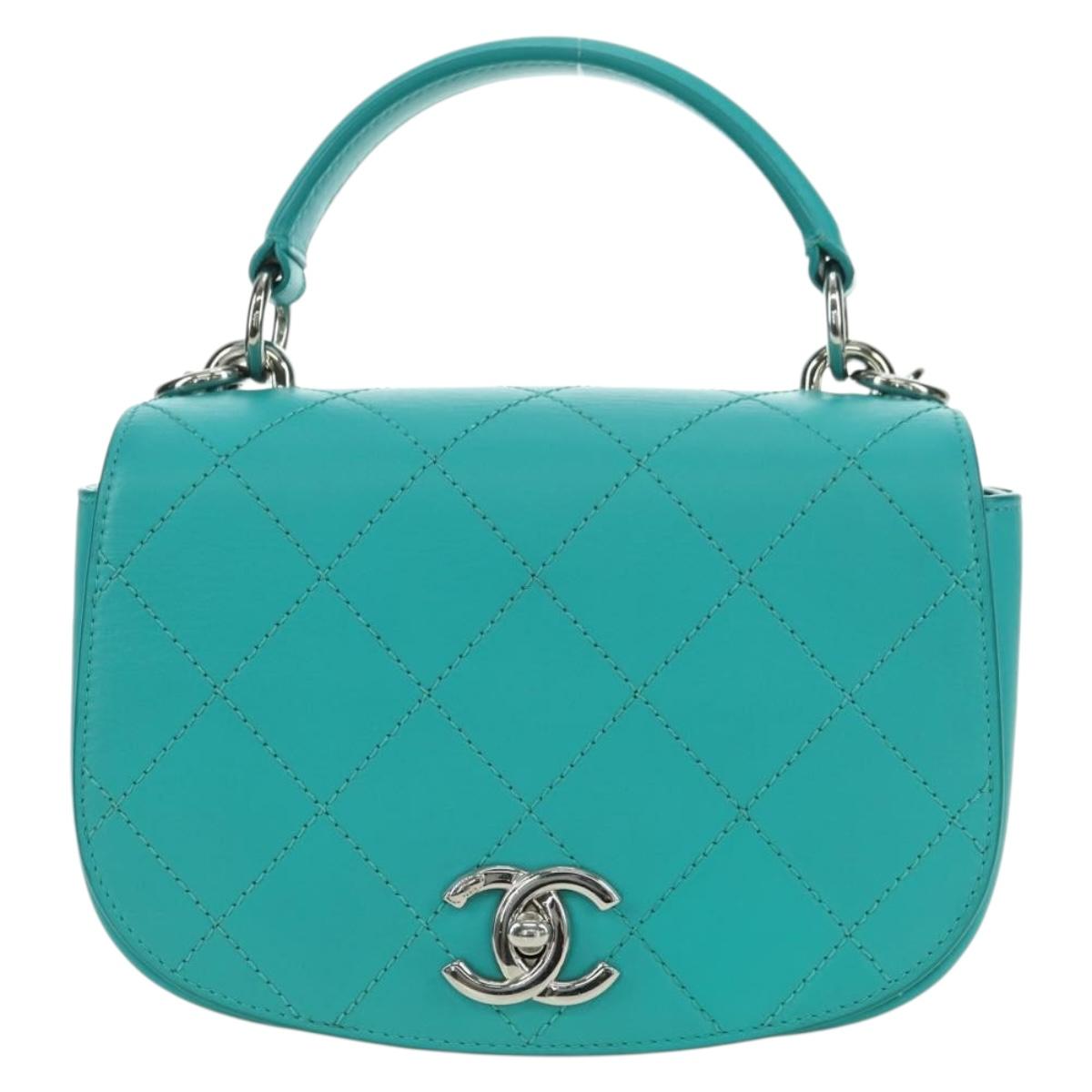 CHANEL Matelasse Chain Bag Lamb Skin 2way Silver Emerald Green CC Auth 179804SAV