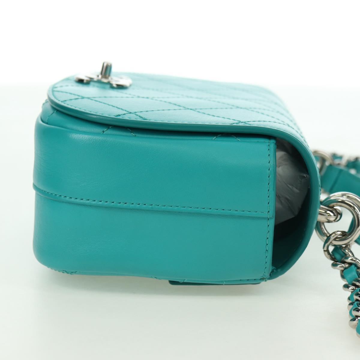 CHANEL Matelasse Chain Bag Lamb Skin 2way Silver Emerald Green CC Auth 179804SAV