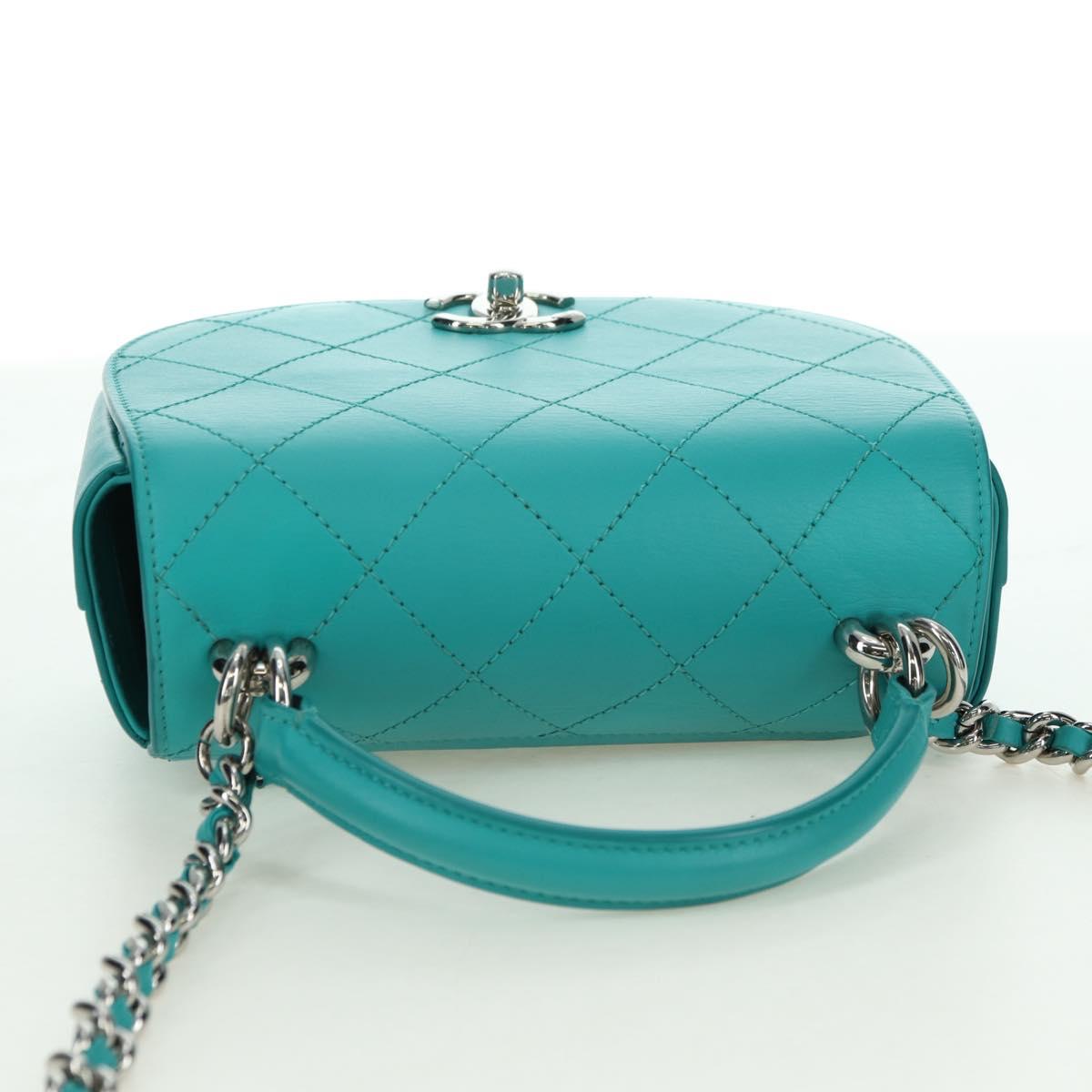 CHANEL Matelasse Chain Bag Lamb Skin 2way Silver Emerald Green CC Auth 179804SAV