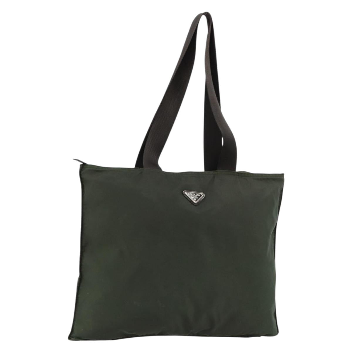 PRADA Tote Bag Nylon Khaki Silver Auth 179851