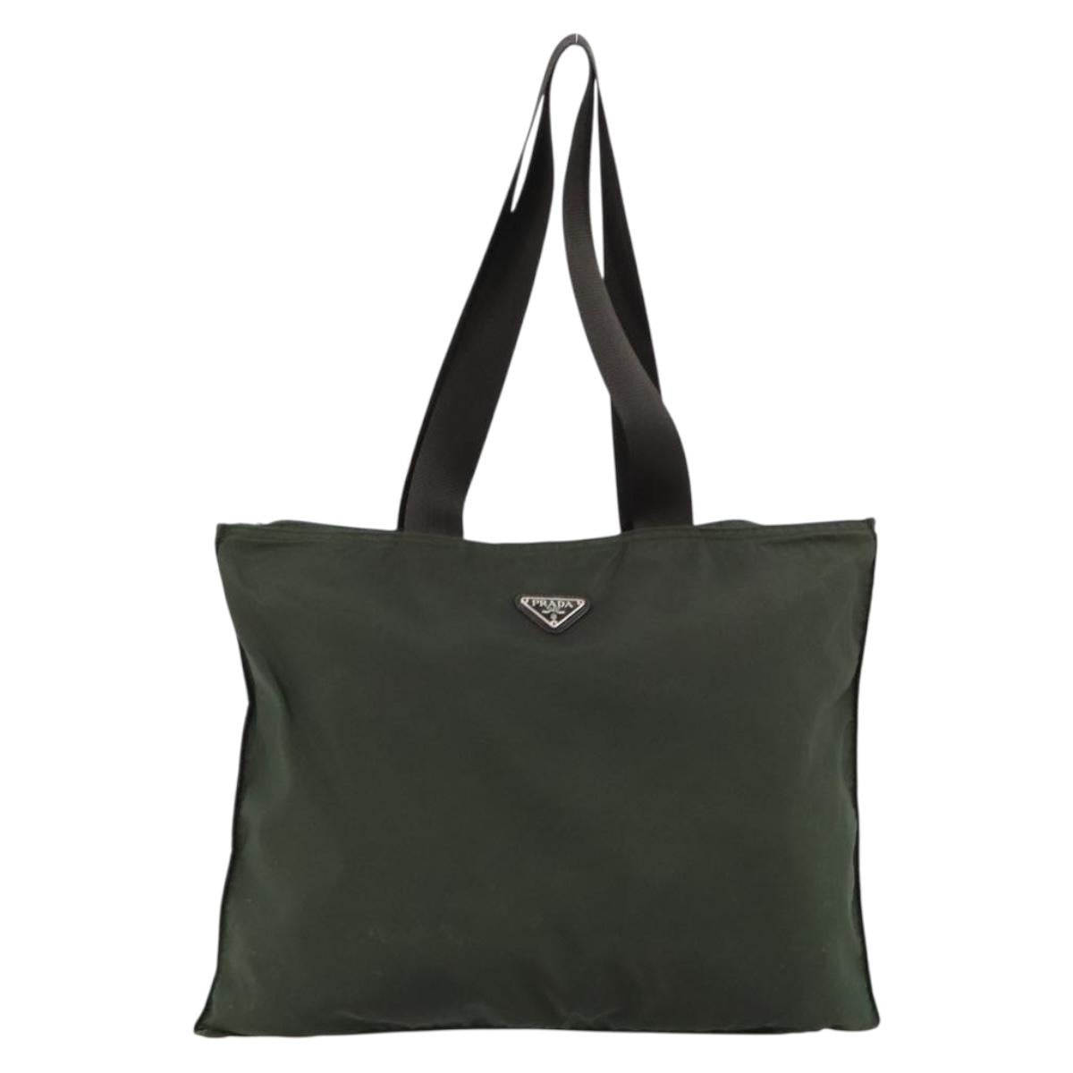 PRADA Tote Bag Nylon Khaki Silver Auth 179851