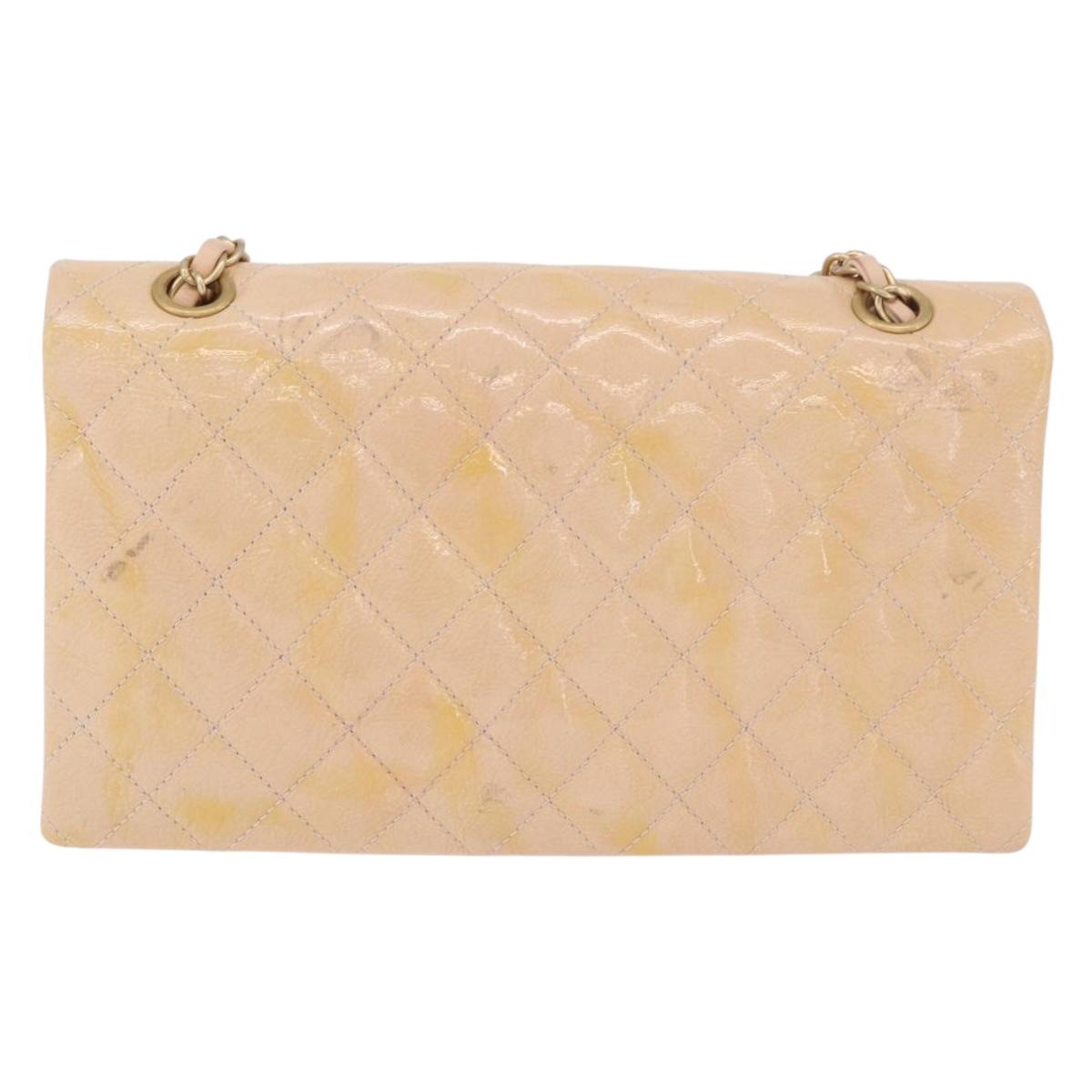 CHANEL Matelasse Chain Shoulder Bag Patent leather Beige Gold CC Auth 179868A